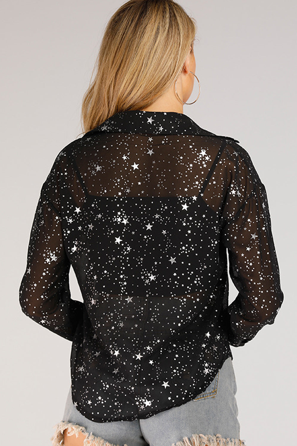 Women Loose Long Sleeve Collar Neck Solid Colored Thin Shirt