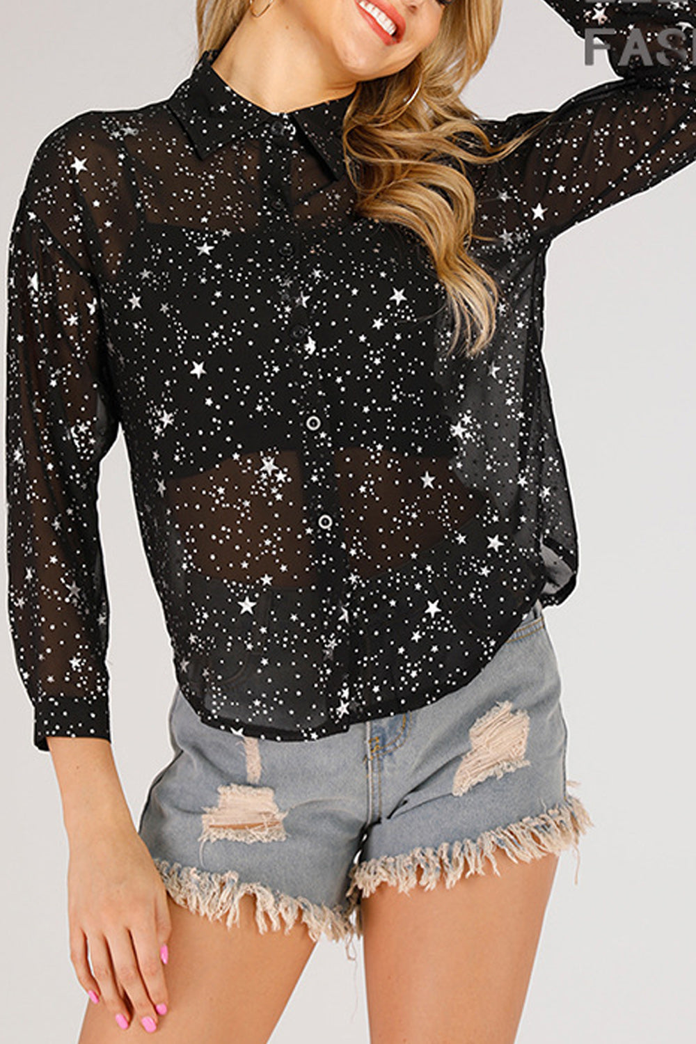 Women Loose Long Sleeve Collar Neck Solid Colored Thin Shirt