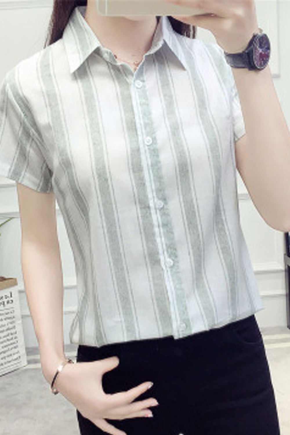 Women Breathable Short Sleeve Button Closure Stripe Pattern Shirt