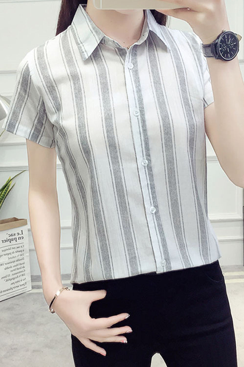 Women Breathable Short Sleeve Button Closure Stripe Pattern Shirt
