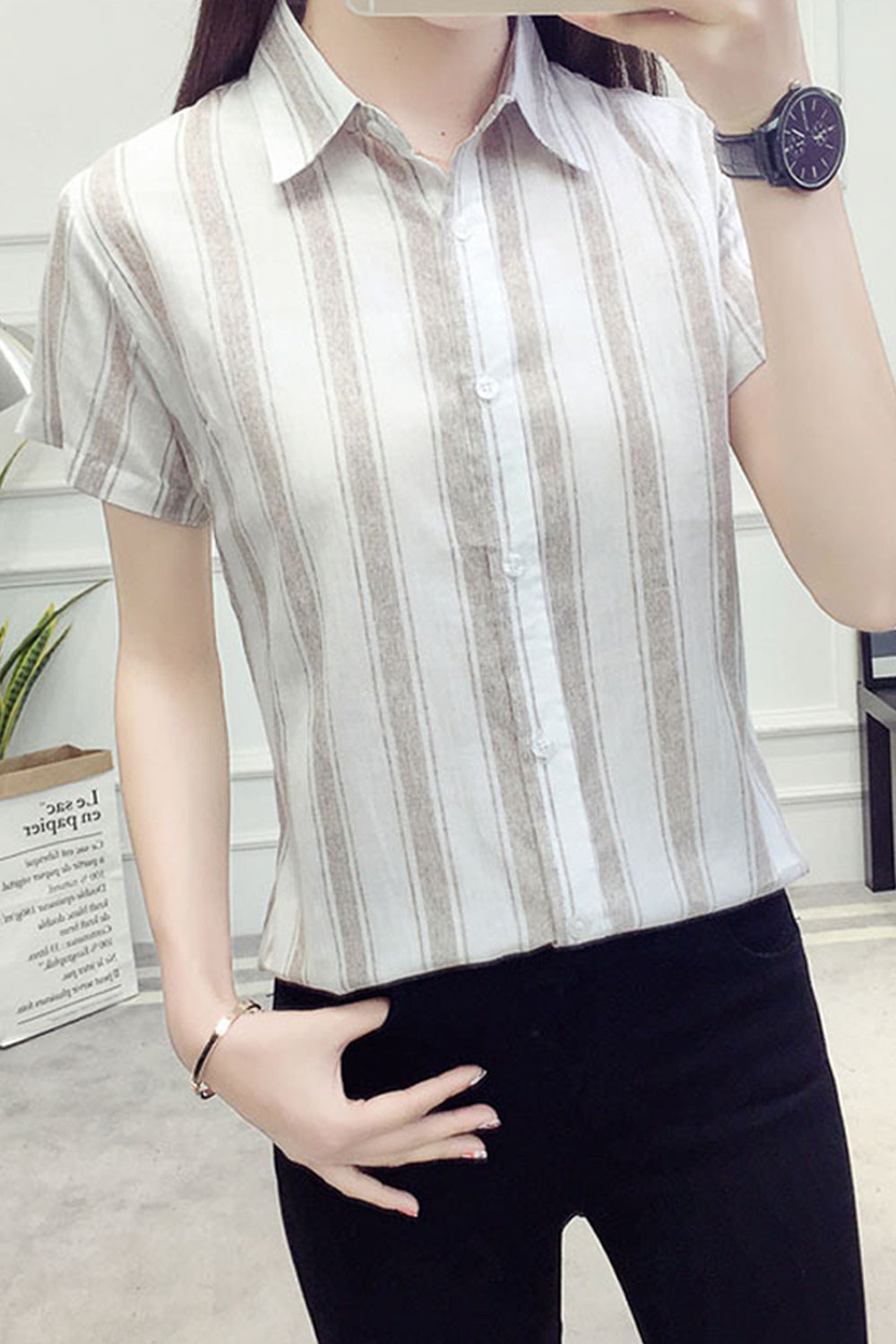 Women Breathable Short Sleeve Button Closure Stripe Pattern Shirt