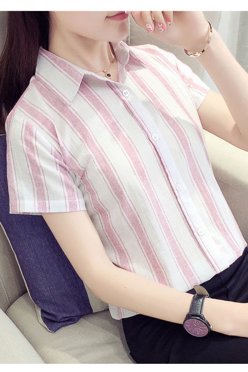 Women Breathable Short Sleeve Button Closure Stripe Pattern Shirt