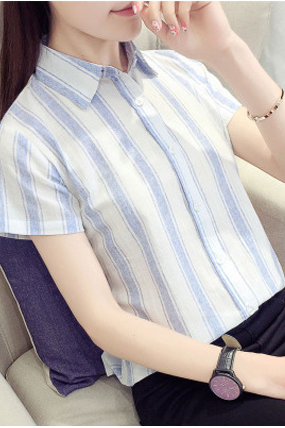Women Breathable Short Sleeve Button Closure Stripe Pattern Shirt