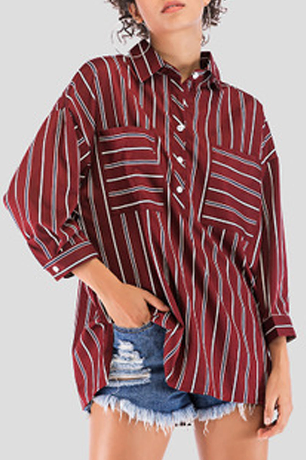 Women Side Pockets Long Sleeve Striped Pattern Breathable Soft Shirt