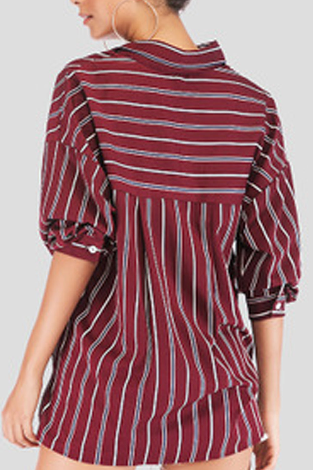 Women Side Pockets Long Sleeve Striped Pattern Breathable Soft Shirt