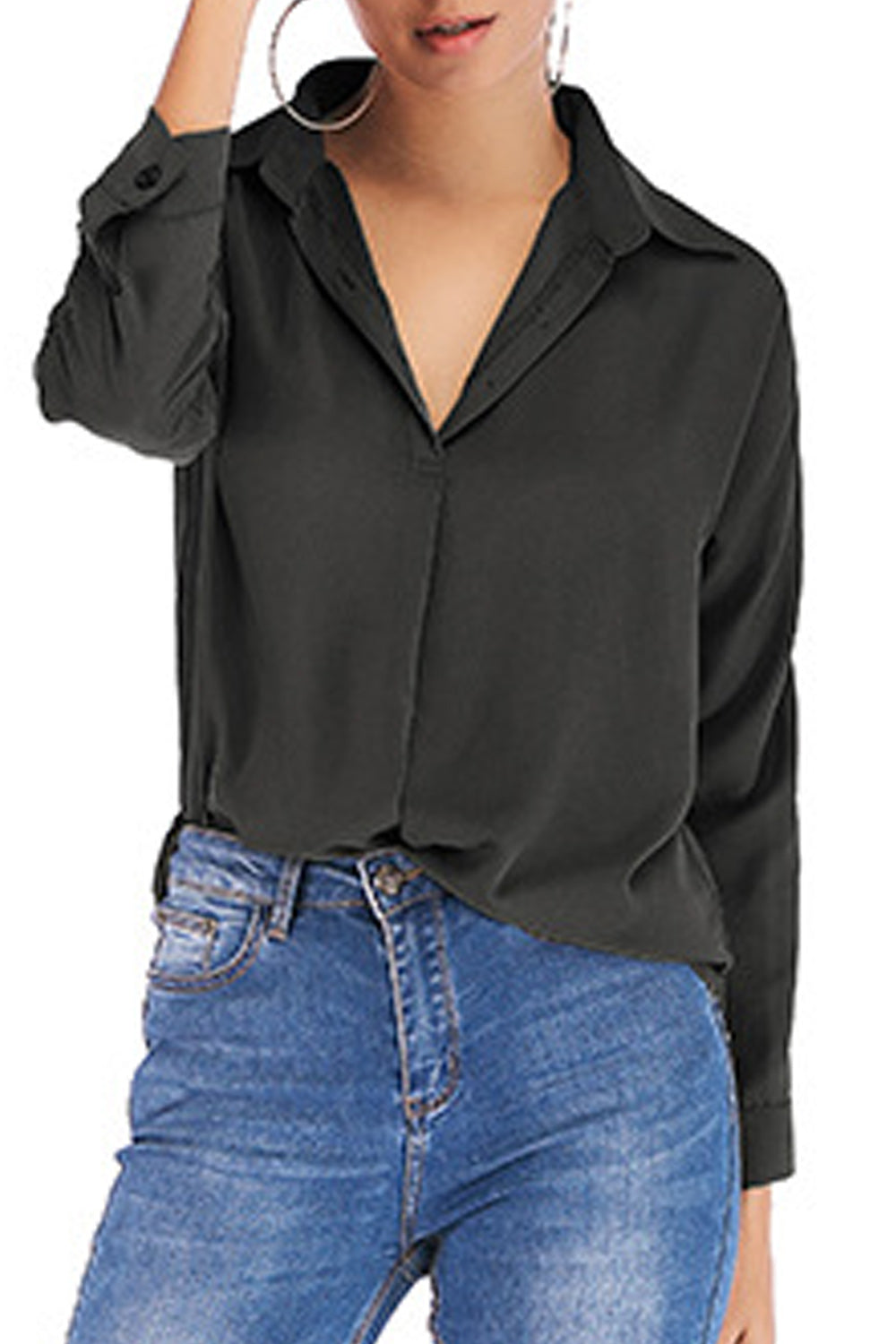 Women Breathable Thin Button Closure Collar Neck Long Sleeve Shirt