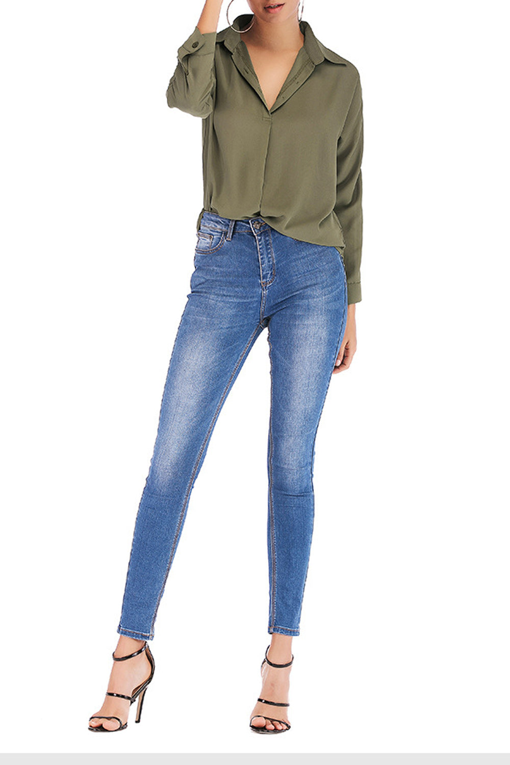 Women Breathable Thin Button Closure Collar Neck Long Sleeve Shirt