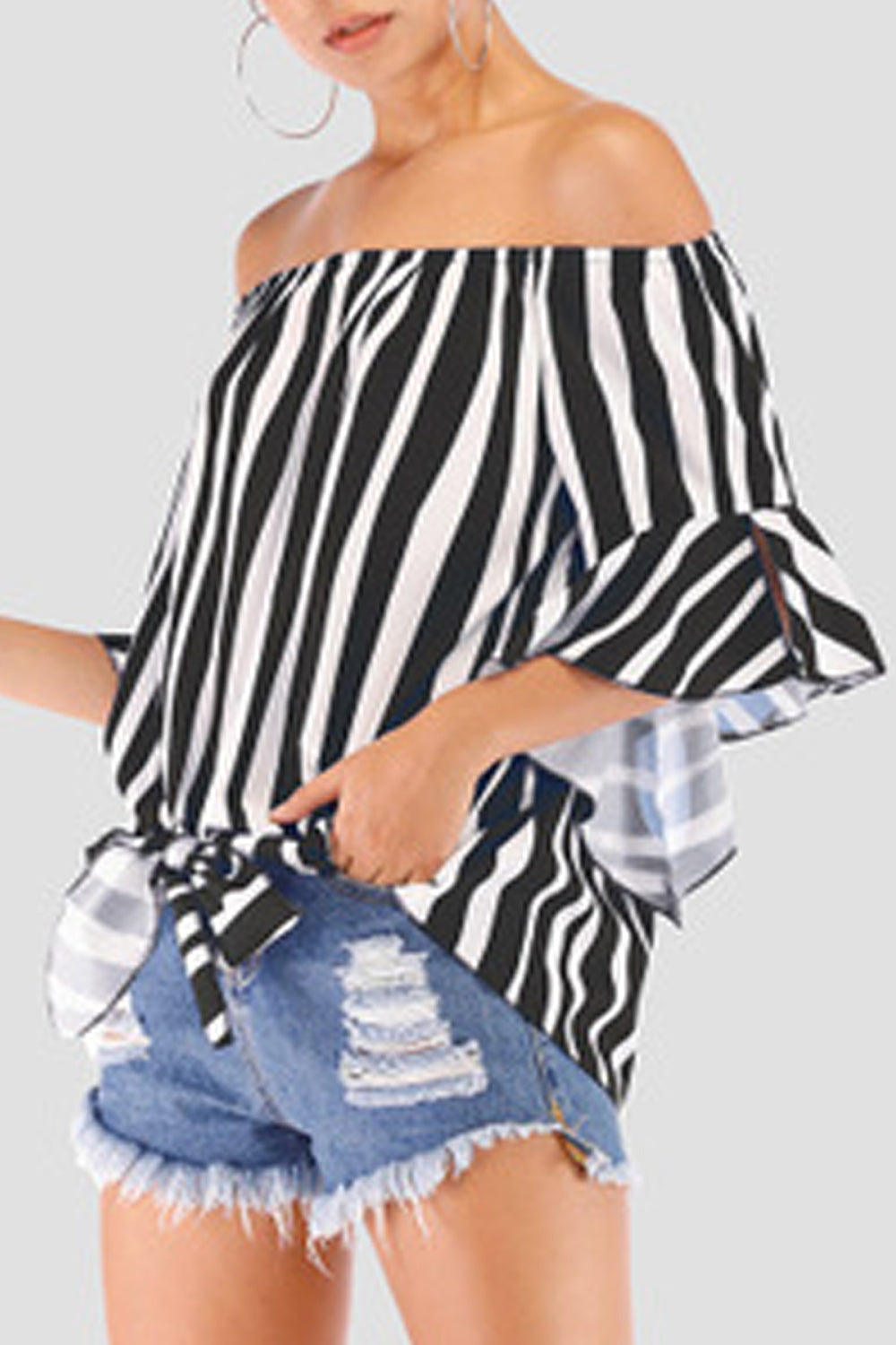 Women Striped Pattern Off-Shoulder Breathable Flared Sleeve Top