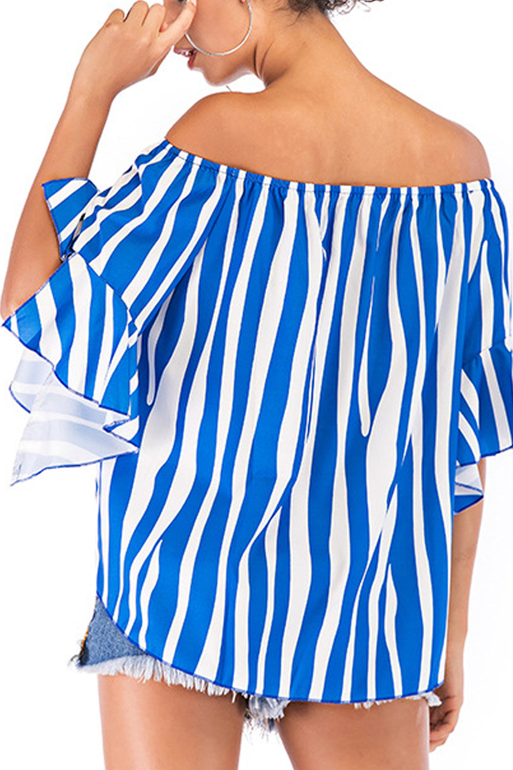 Women Striped Pattern Off-Shoulder Breathable Flared Sleeve Top