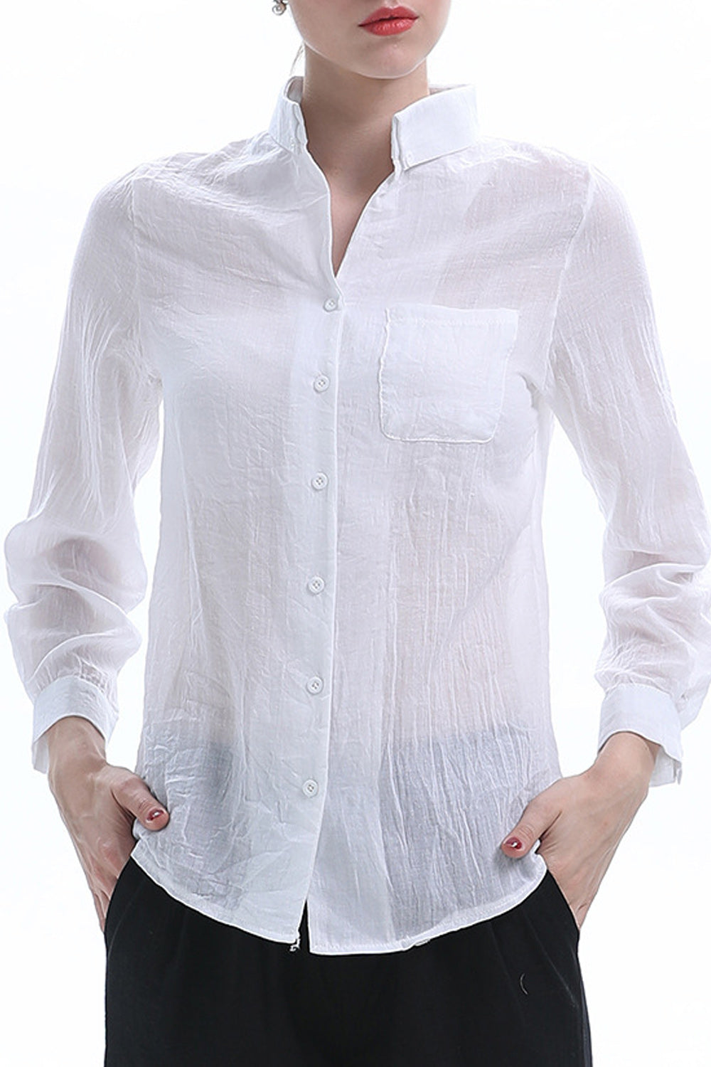 Women Classy Stand Up Collar Thin Breathable Long Sleeve Elegant Shirt