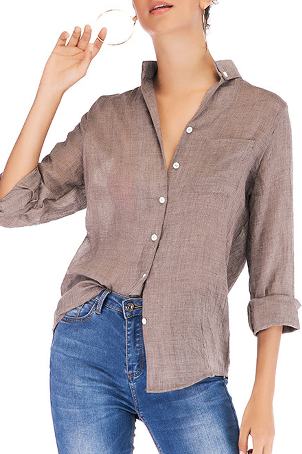 Women Classy Stand Up Collar Thin Breathable Long Sleeve Elegant Shirt