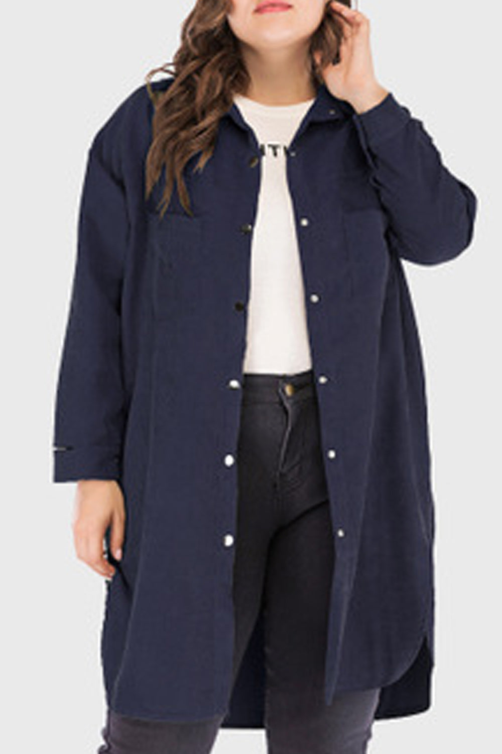 Women Snap Button Solid Colored Mid Length Side Pockets Shirt