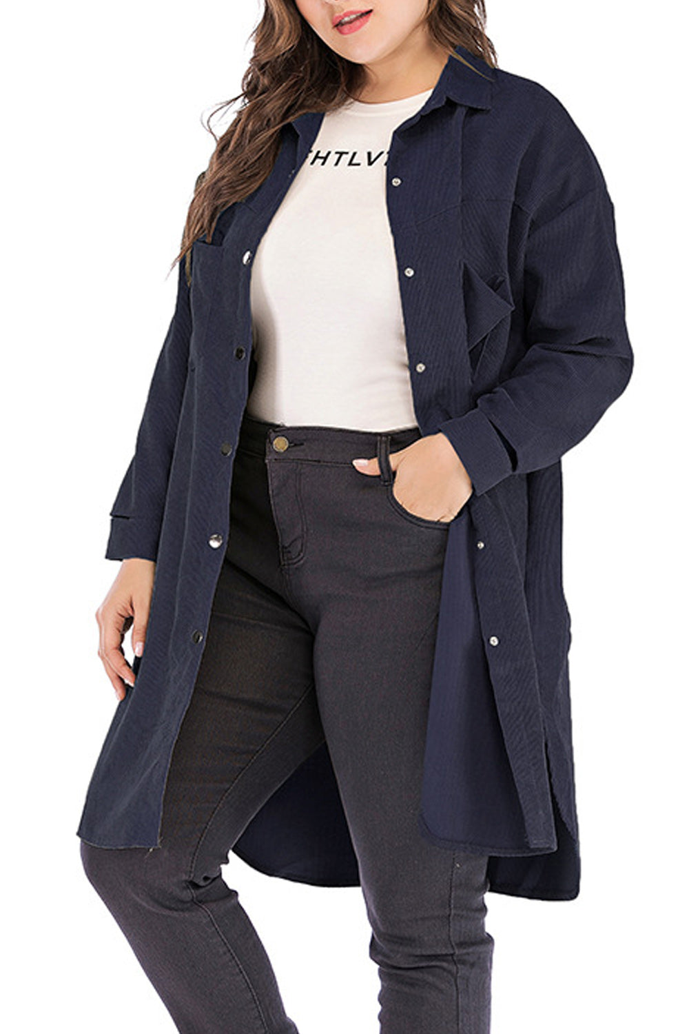 Women Snap Button Solid Colored Mid Length Side Pockets Shirt