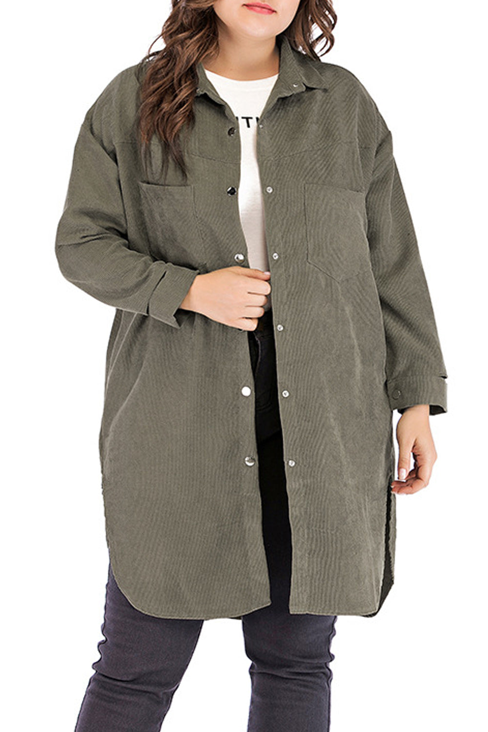 Women Snap Button Solid Colored Mid Length Side Pockets Shirt