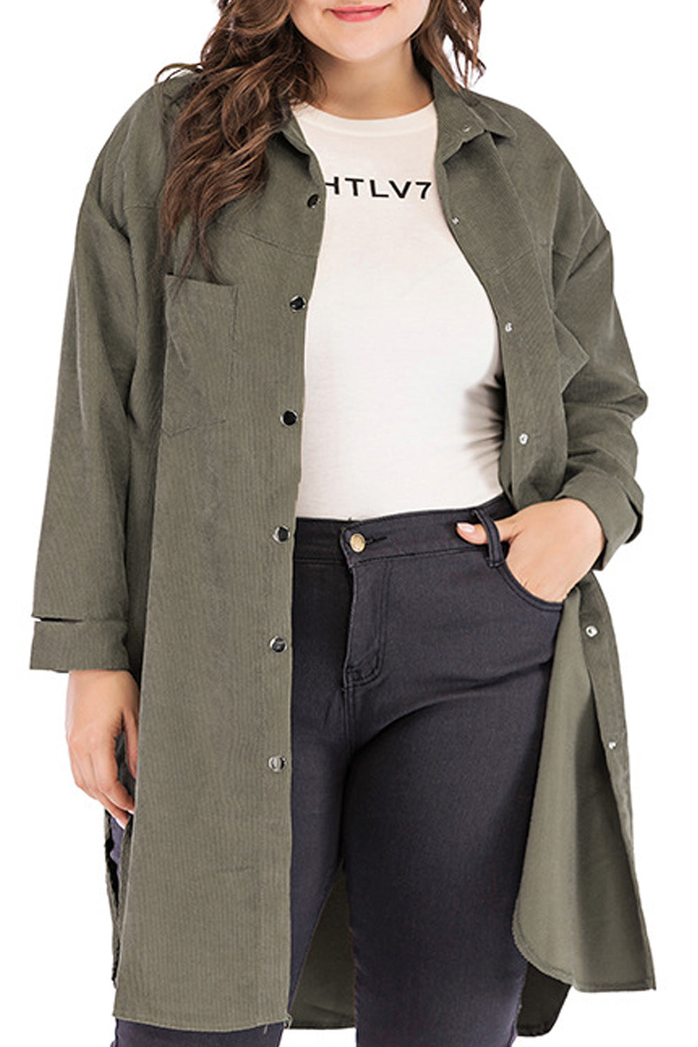Women Snap Button Solid Colored Mid Length Side Pockets Shirt