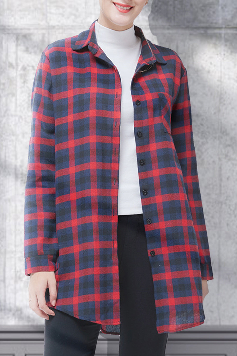 Women Long Sleeve Classy Plaid Pattern Collar Neck Shirt