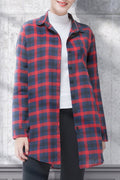 Women Long Sleeve Classy Plaid Pattern Collar Neck Shirt