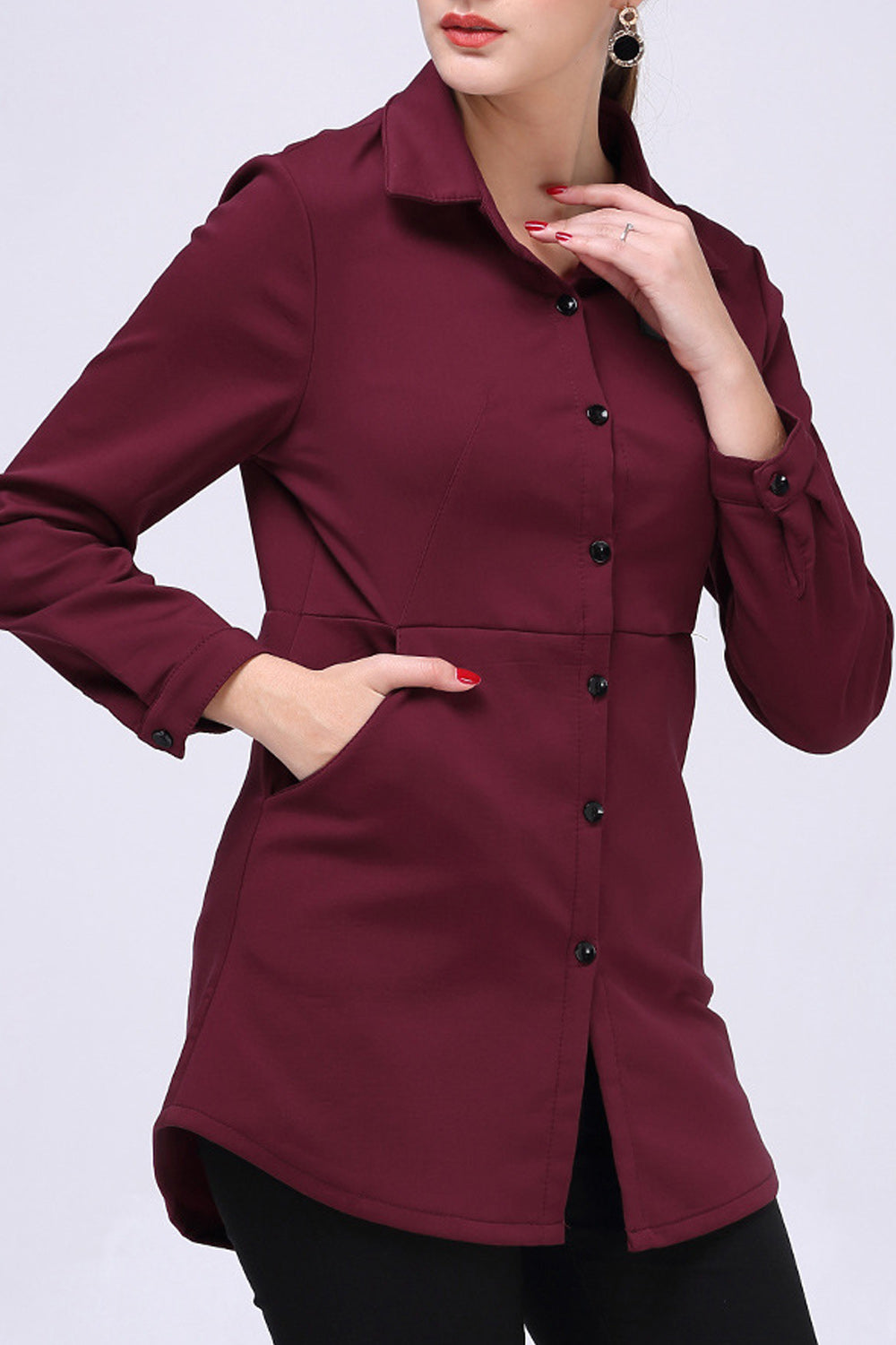 Women Collar Neck Button Down Closure Solid Colored Elegant Shirt