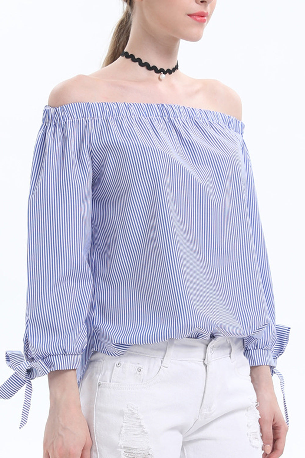 Women Off-Shoulder Long Sleeve Striped Pattern Fashionable Casual Shirt