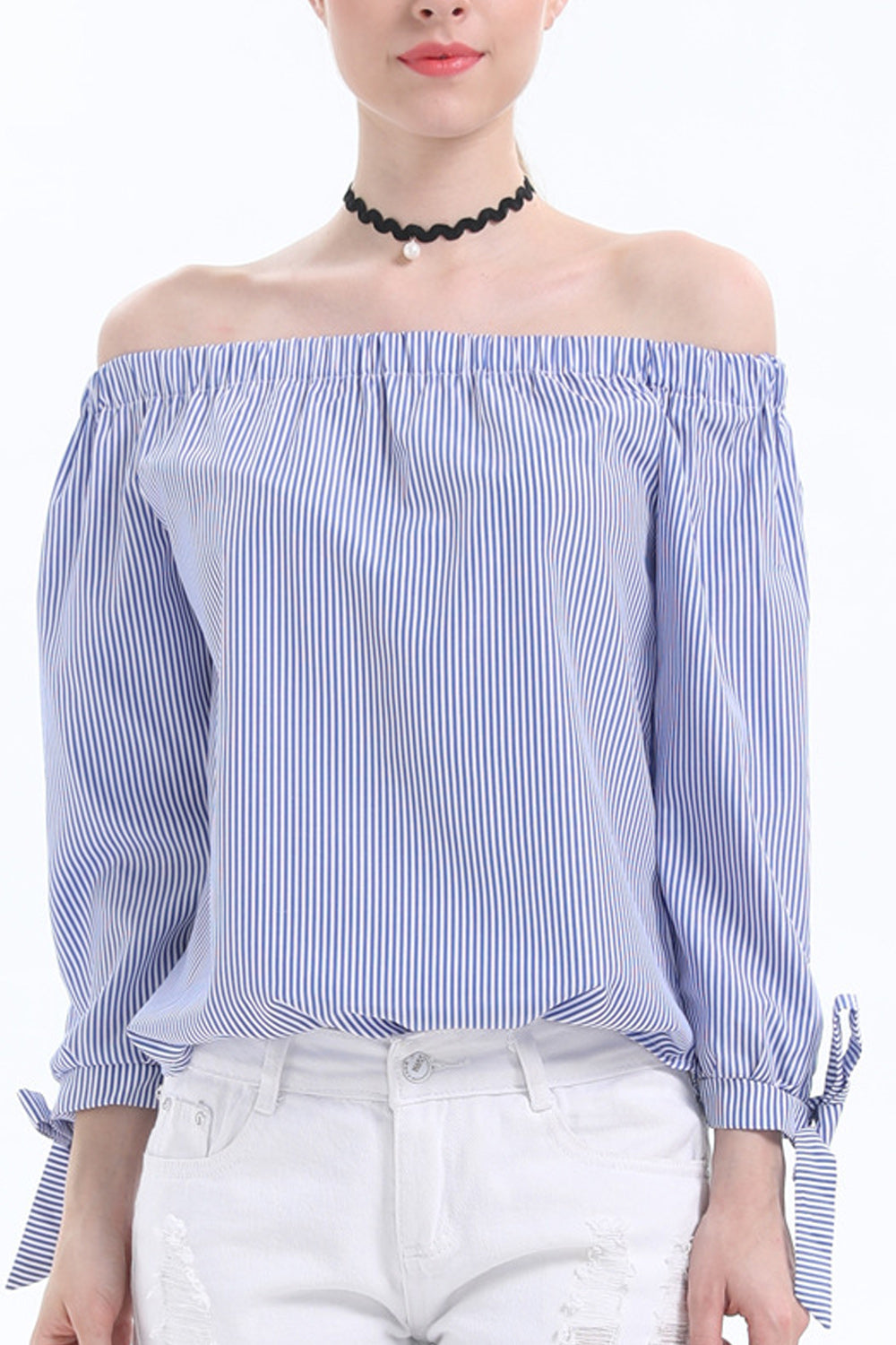 Women Off-Shoulder Long Sleeve Striped Pattern Fashionable Casual Shirt
