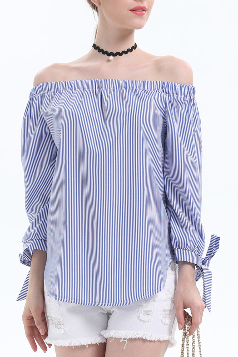 Women Off-Shoulder Long Sleeve Striped Pattern Fashionable Casual Shirt