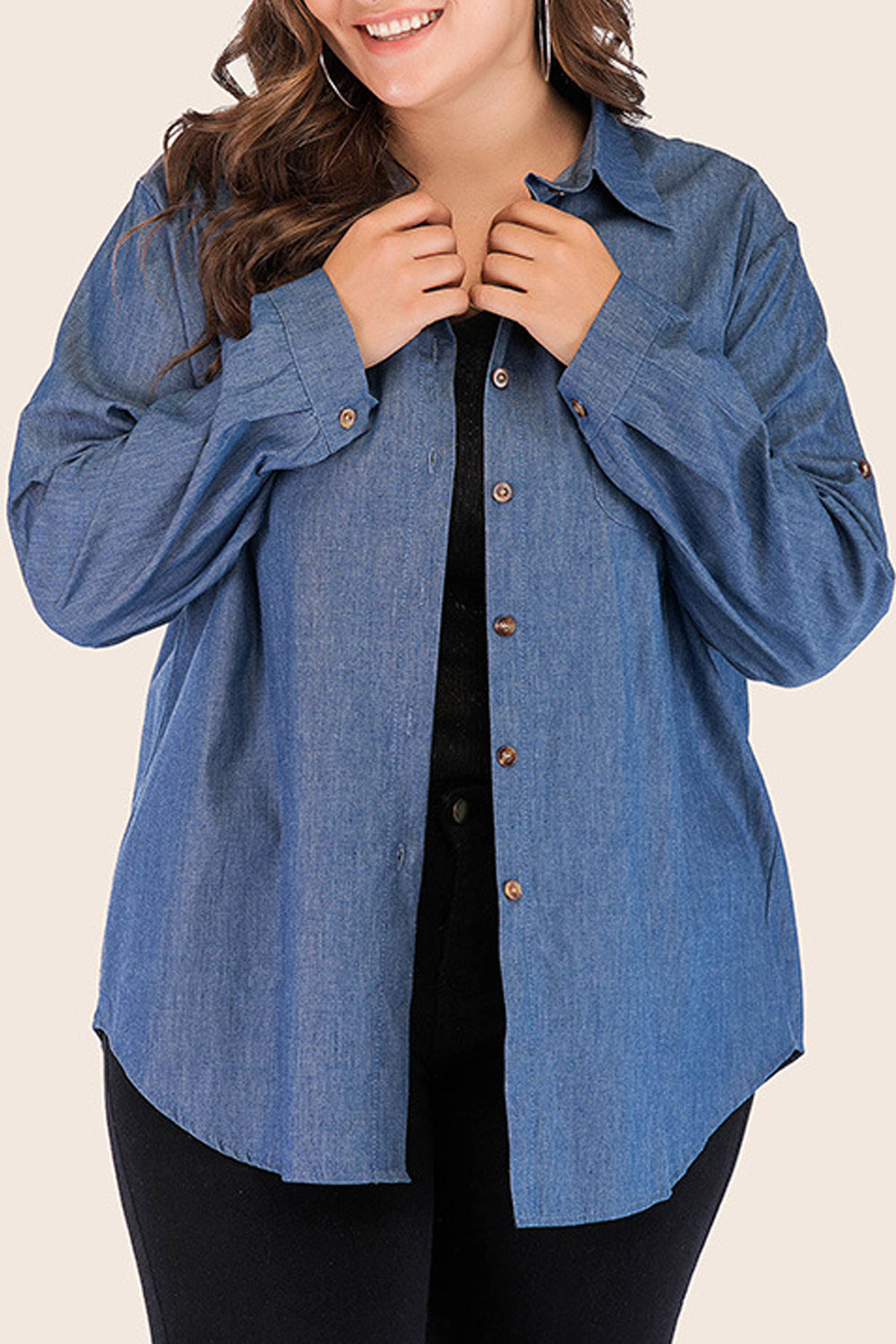 Women Comfortable Folded Long Sleeve Stylish Autumn Season Denim Shirt