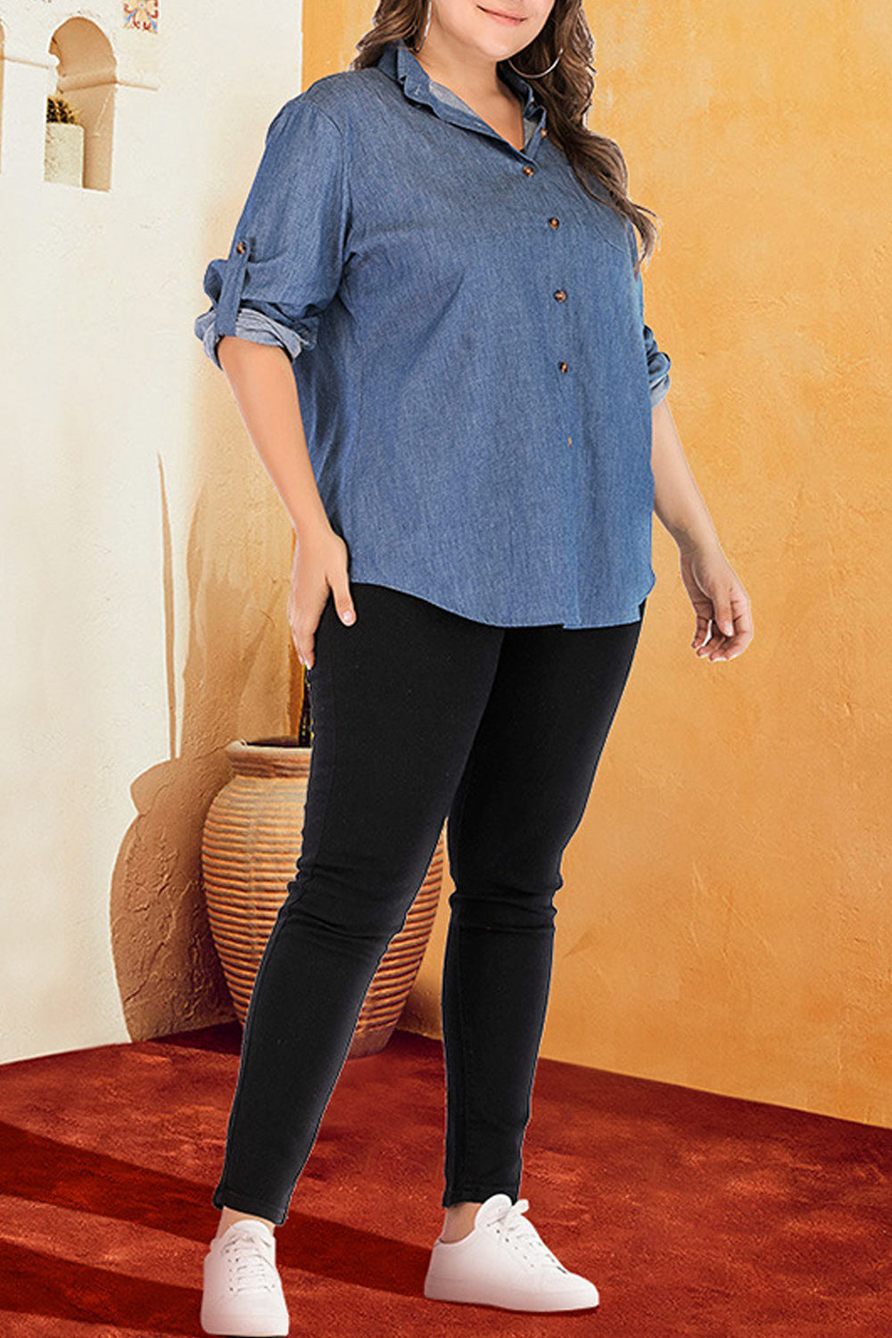 Women Comfortable Folded Long Sleeve Stylish Autumn Season Denim Shirt