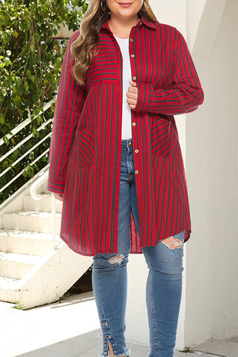 Women Mid Length Loose Style Breathable Striped Pattern Shirt