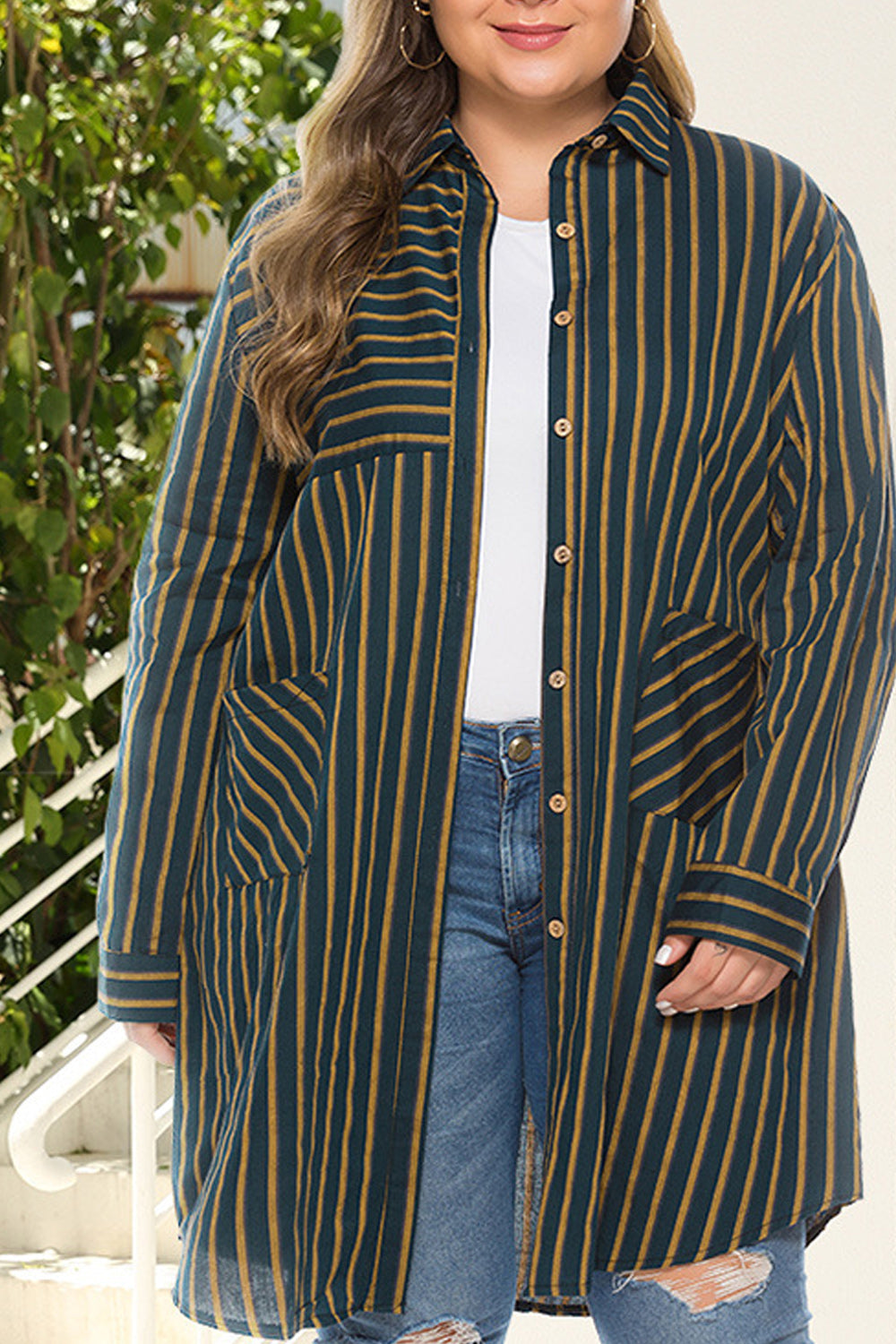 Women Mid Length Loose Style Breathable Striped Pattern Shirt