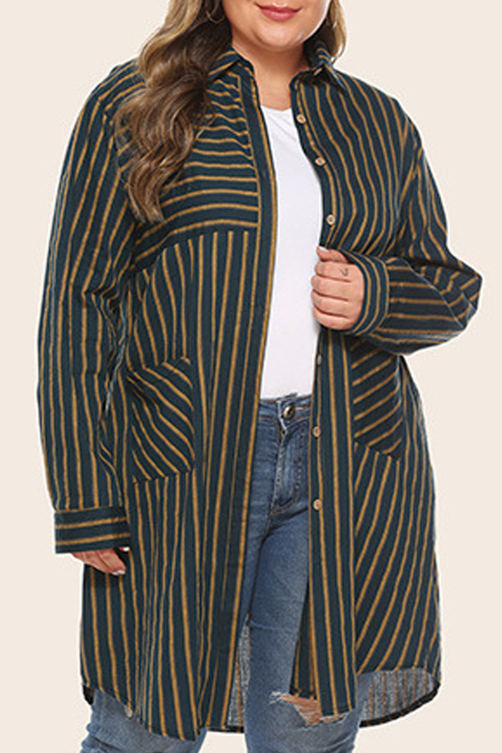 Women Mid Length Loose Style Breathable Striped Pattern Shirt