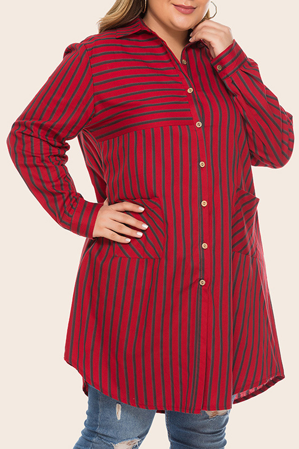 Women Mid Length Loose Style Breathable Striped Pattern Shirt