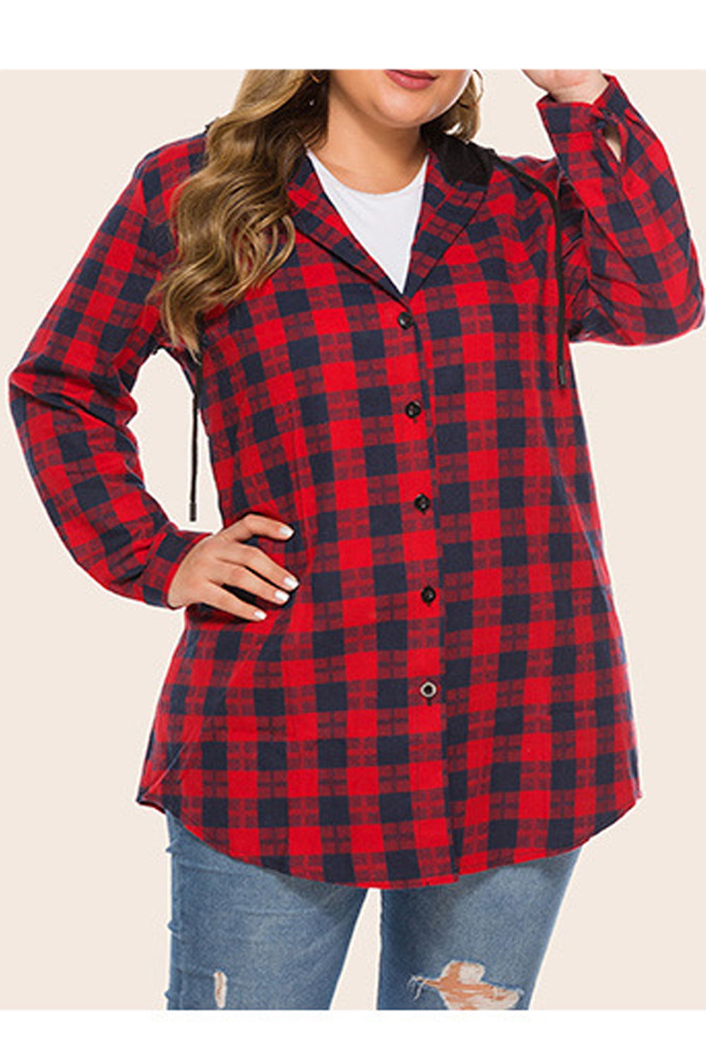 Women Classy Plaid Pattern Hooded Neck Breathable Loose Shirt