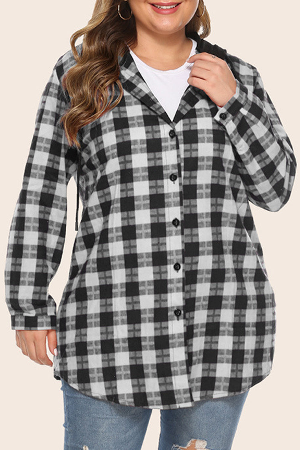 Women Classy Plaid Pattern Hooded Neck Breathable Loose Shirt