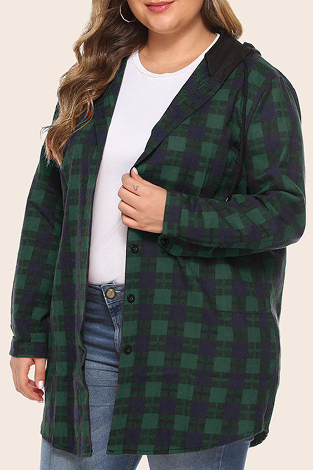 Women Classy Plaid Pattern Hooded Neck Breathable Loose Shirt