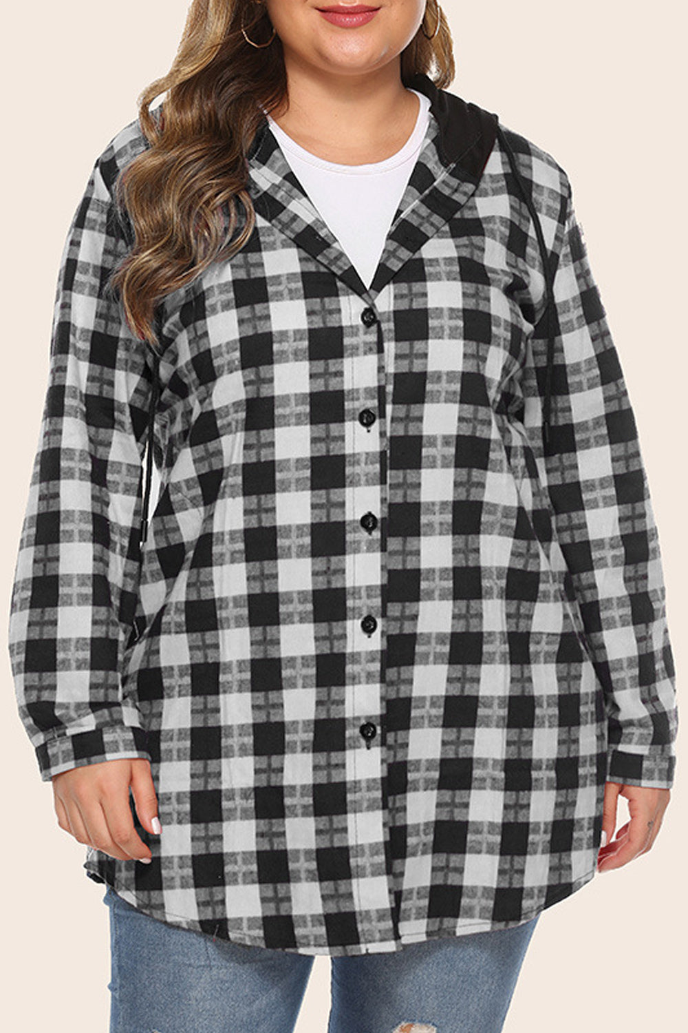 Women Classy Plaid Pattern Hooded Neck Breathable Loose Shirt