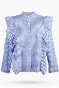 Women Long Sleeve Striped Pattern Ruffled Style Shirt