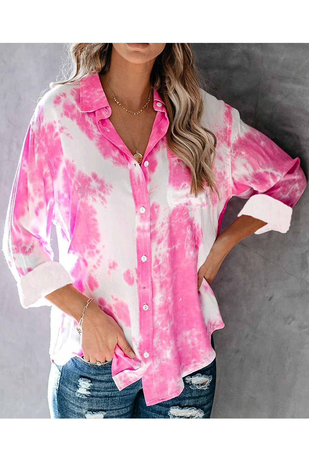 Women Elegant Tie Dye Pattern Easy Button Closure Casual Shirt