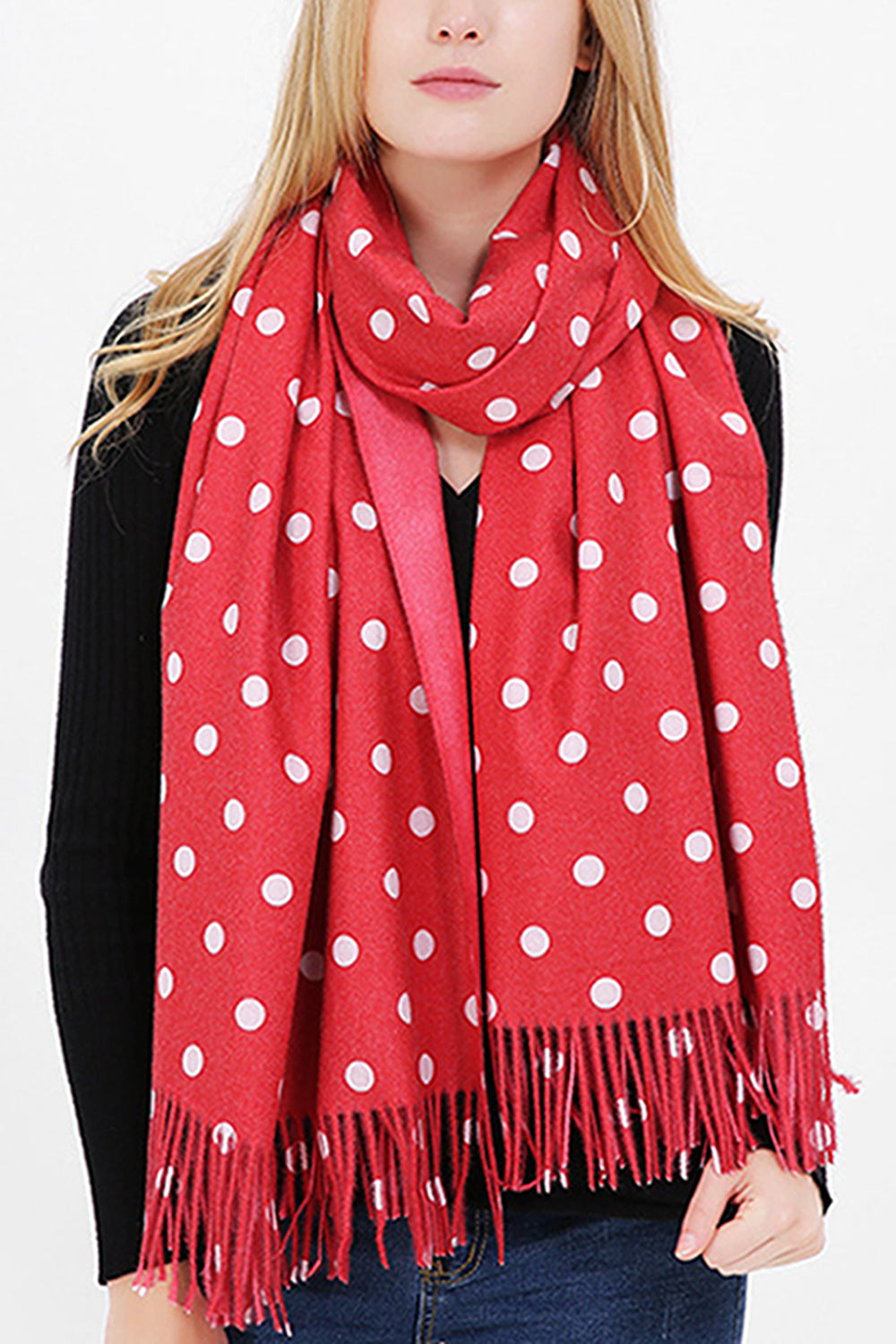 Women Beautiful Polka Dotted Tassel Hem Warm Muffler