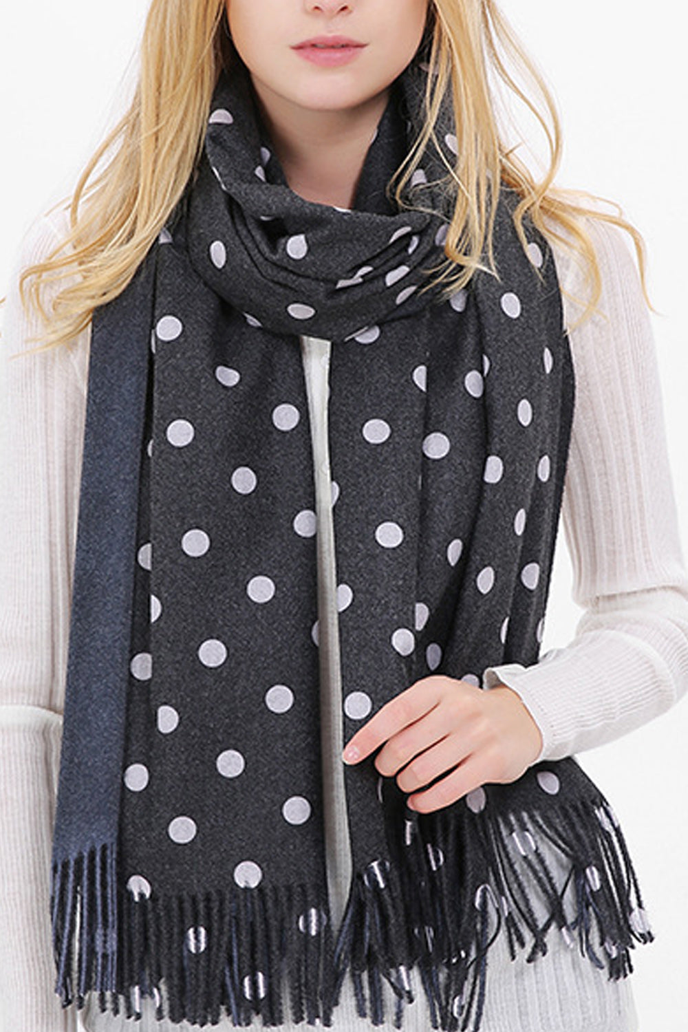 Women Beautiful Polka Dotted Tassel Hem Warm Muffler