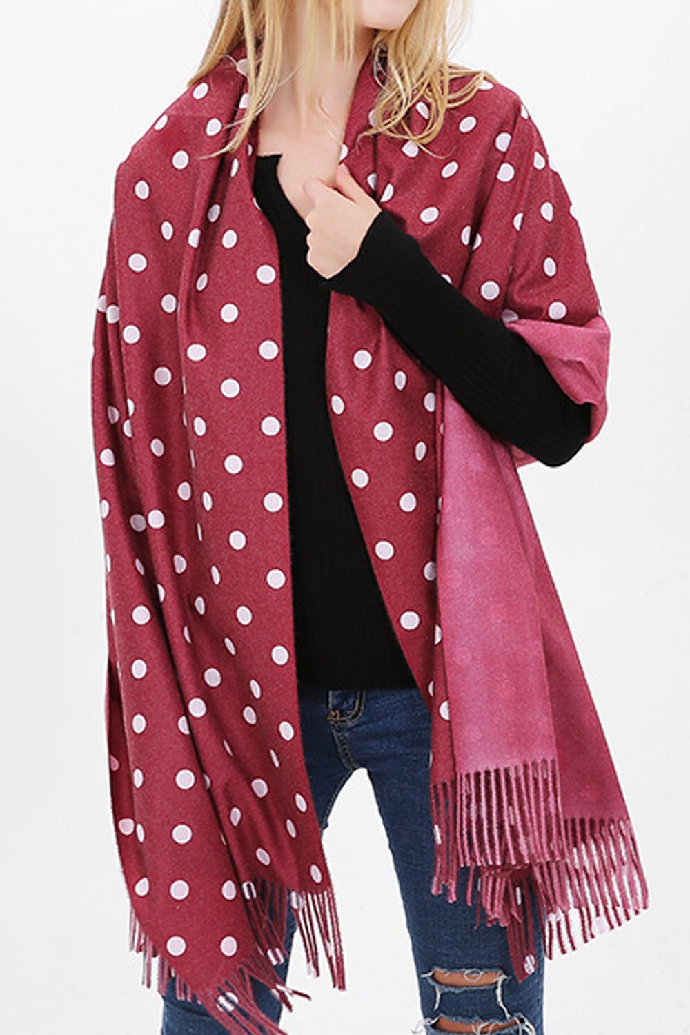 Women Beautiful Polka Dotted Tassel Hem Warm Muffler