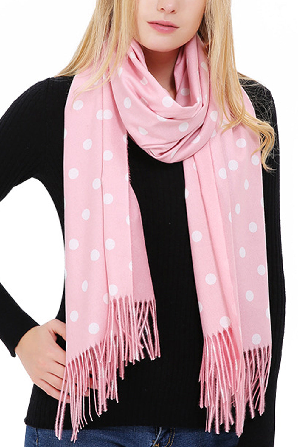 Women Beautiful Polka Dotted Tassel Hem Warm Muffler
