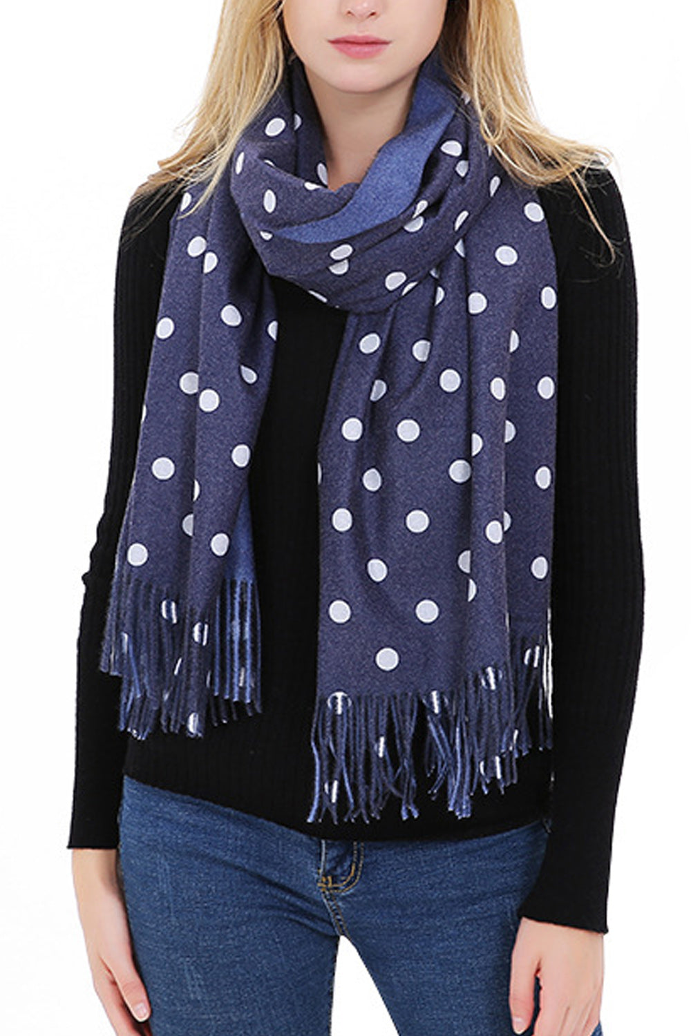 Women Beautiful Polka Dotted Tassel Hem Warm Muffler