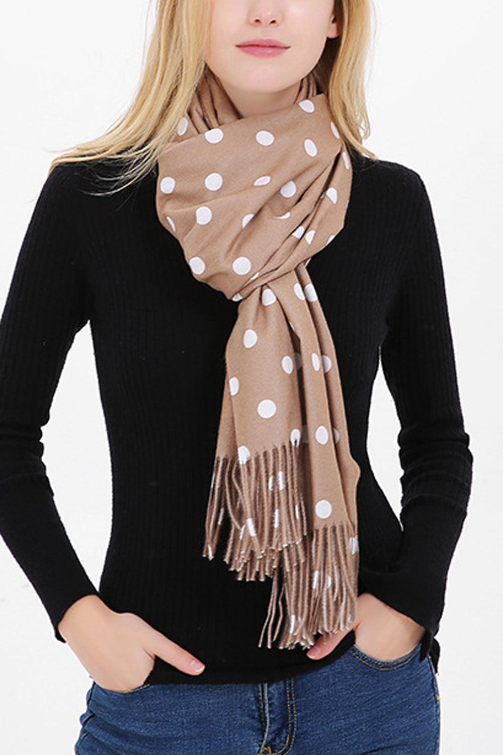 Women Beautiful Polka Dotted Tassel Hem Warm Muffler