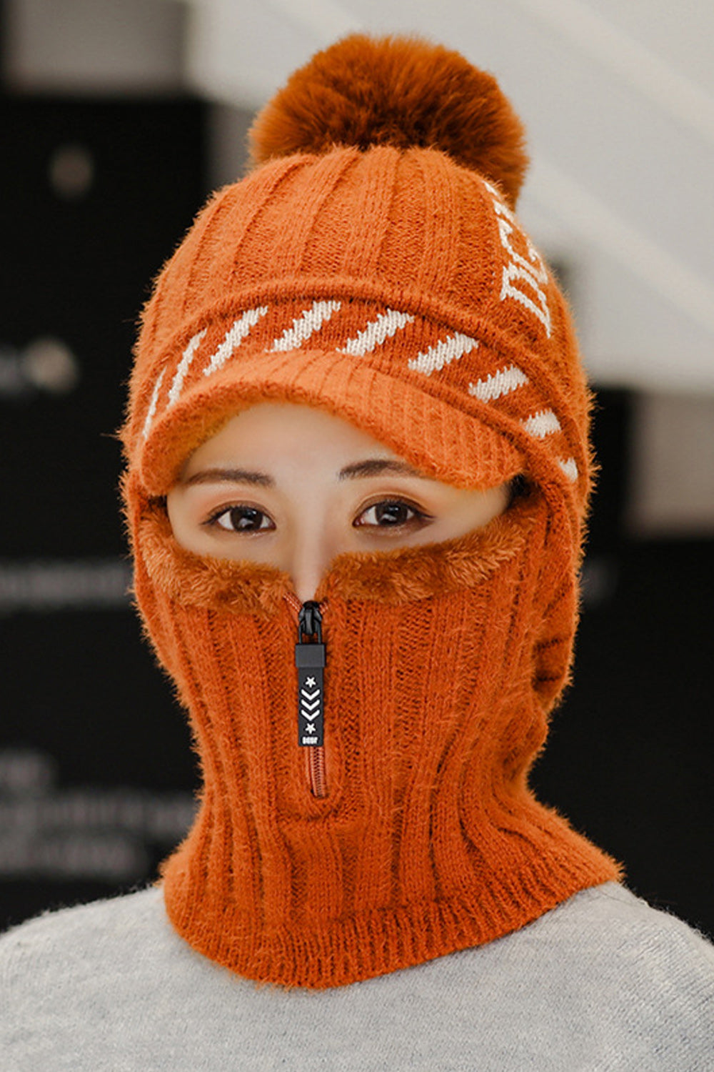 Women Zip Closure Windproof Casual Thick Winter Knitted Hat