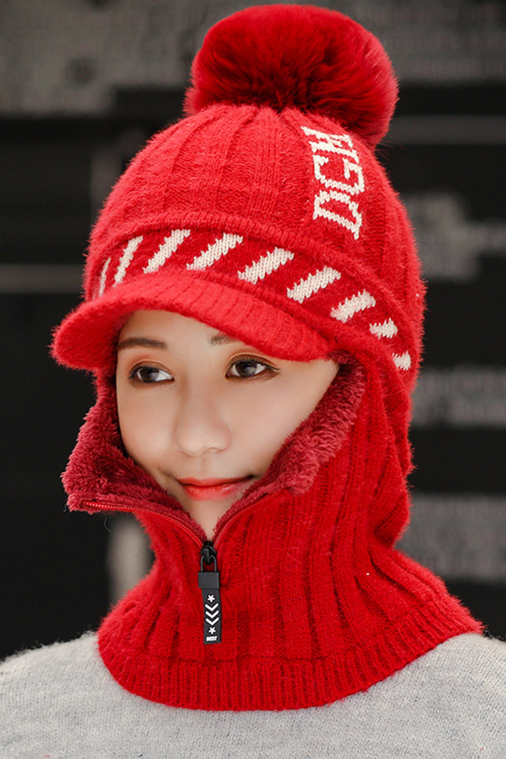 Women Zip Closure Windproof Casual Thick Winter Knitted Hat