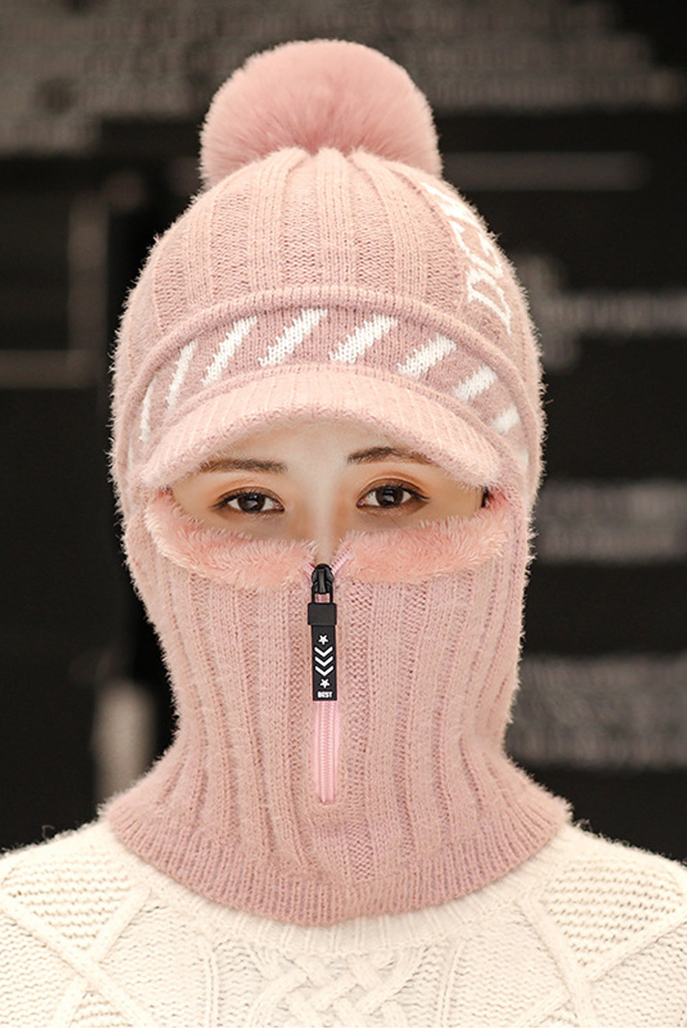 Women Zip Closure Windproof Casual Thick Winter Knitted Hat