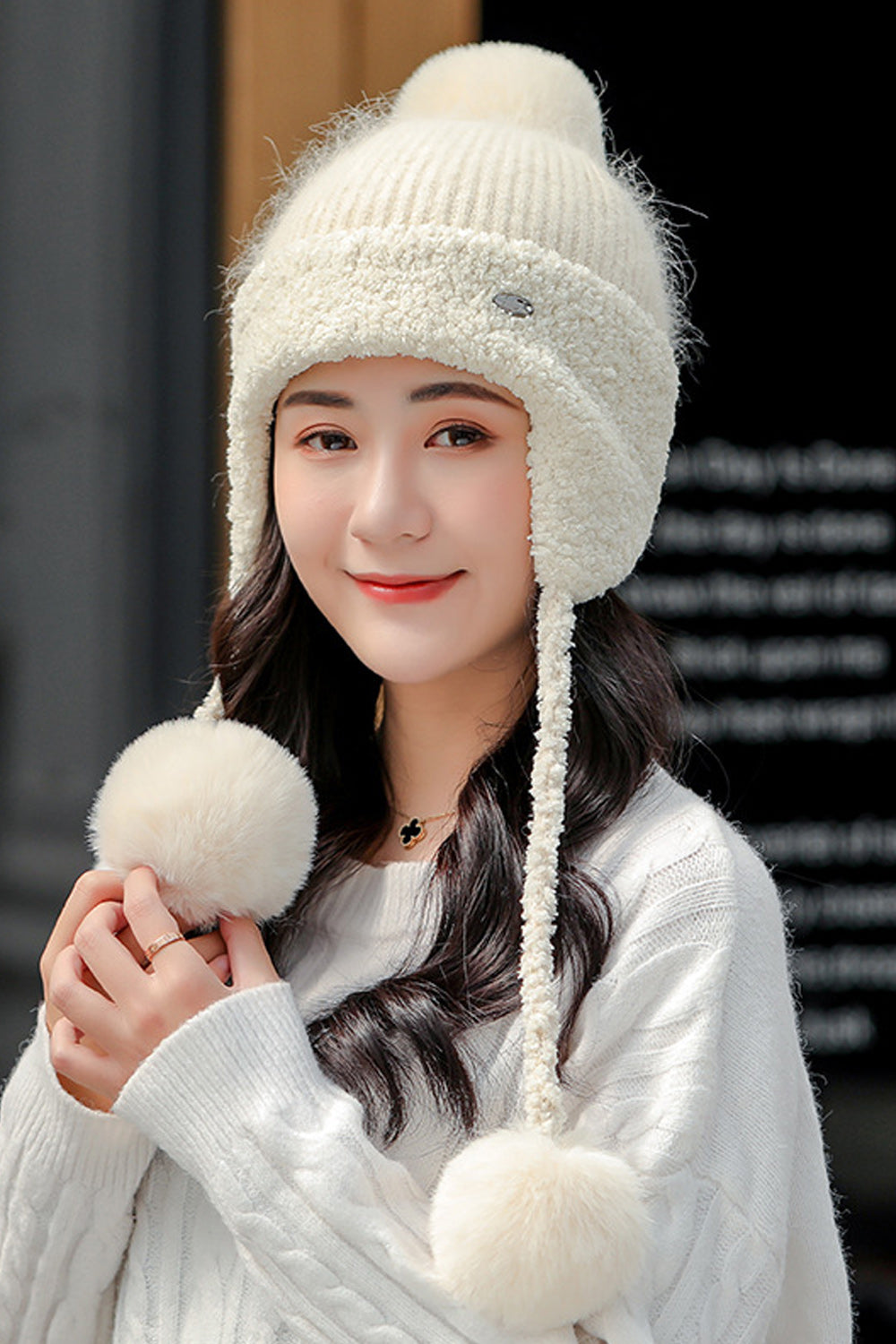 Women Zip Closure Windproof Casual Thick Winter Knitted Hat