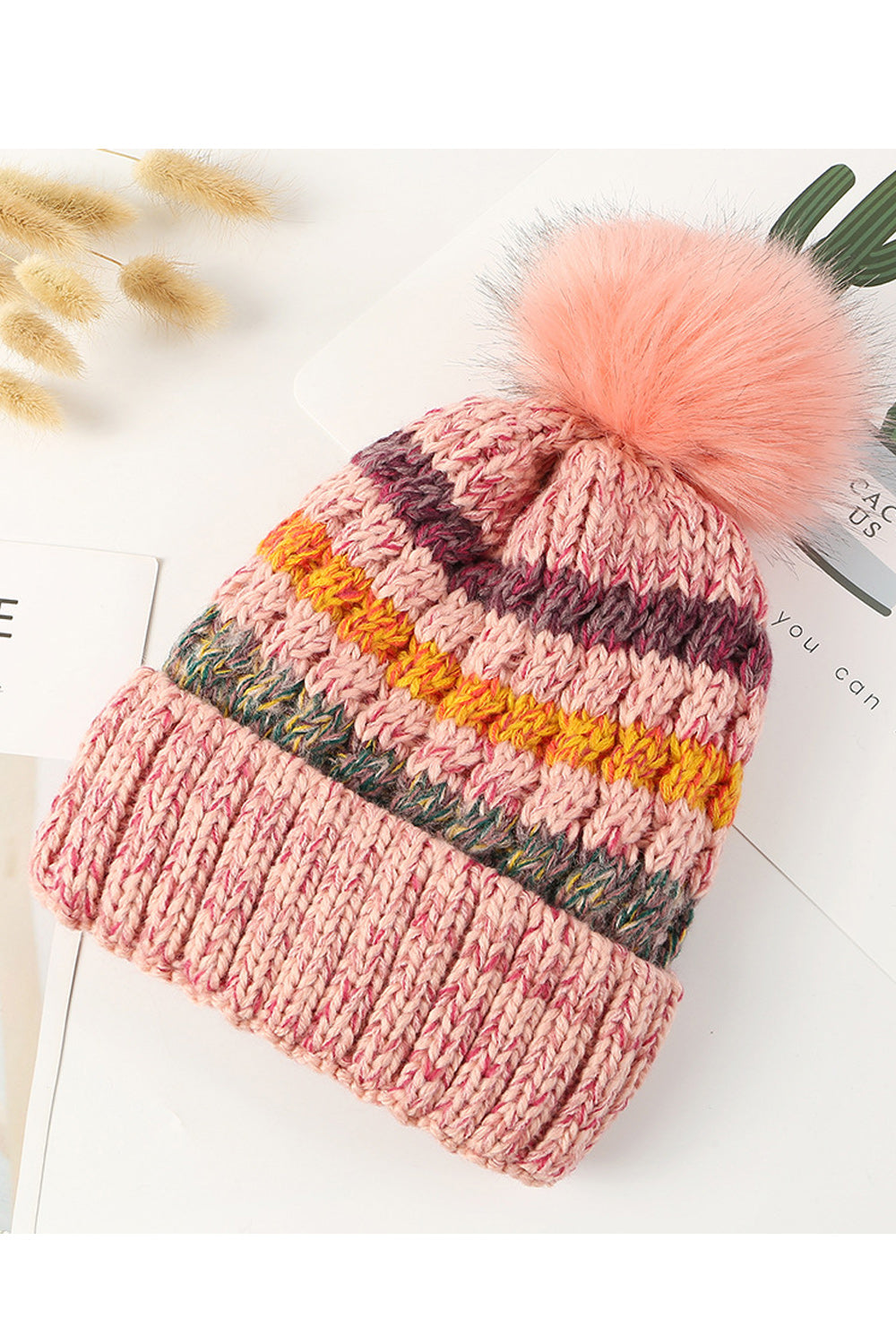 Women Hair Ball Decorated Soft Winter Season Cozy Knitted Hat