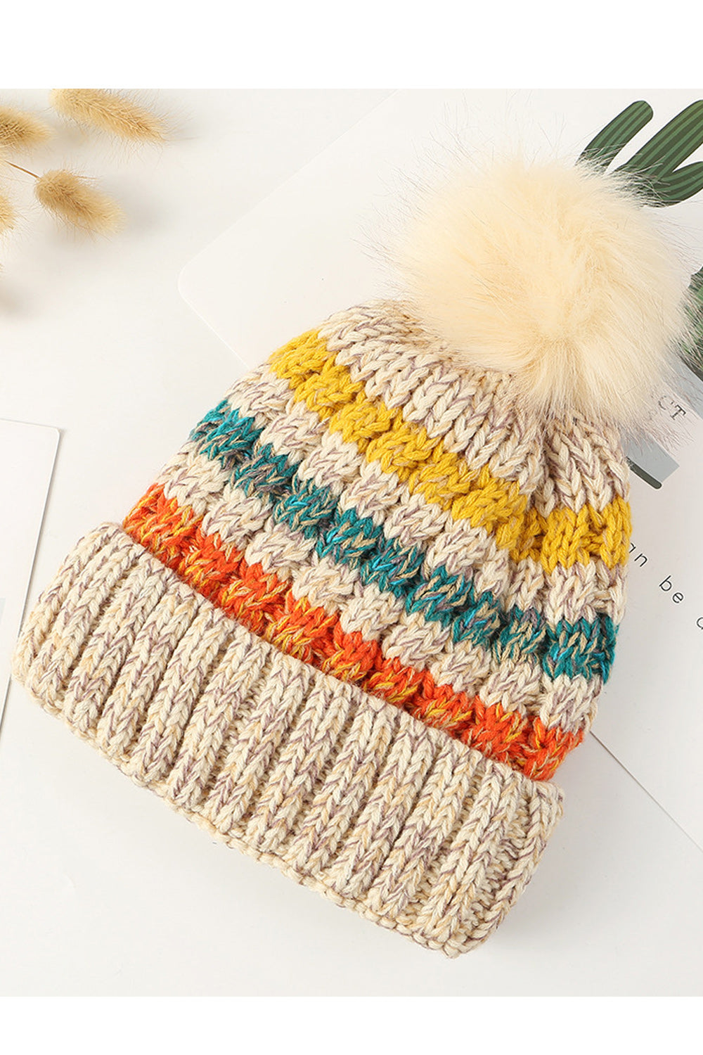 Women Hair Ball Decorated Soft Winter Season Cozy Knitted Hat