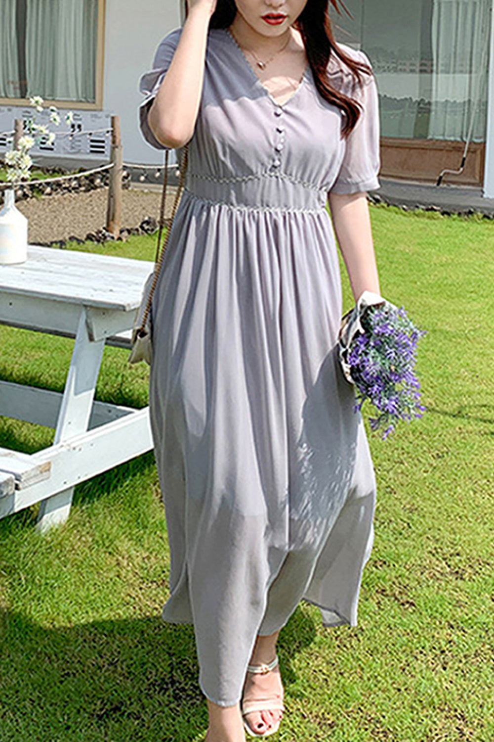 Women Plus Elegant Styled Solid Pattern Short Sleeve Breathable Dress